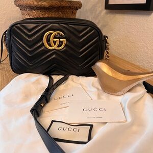 Gucci Black Quilted GG Marmont Crossbody with Gold Hardware